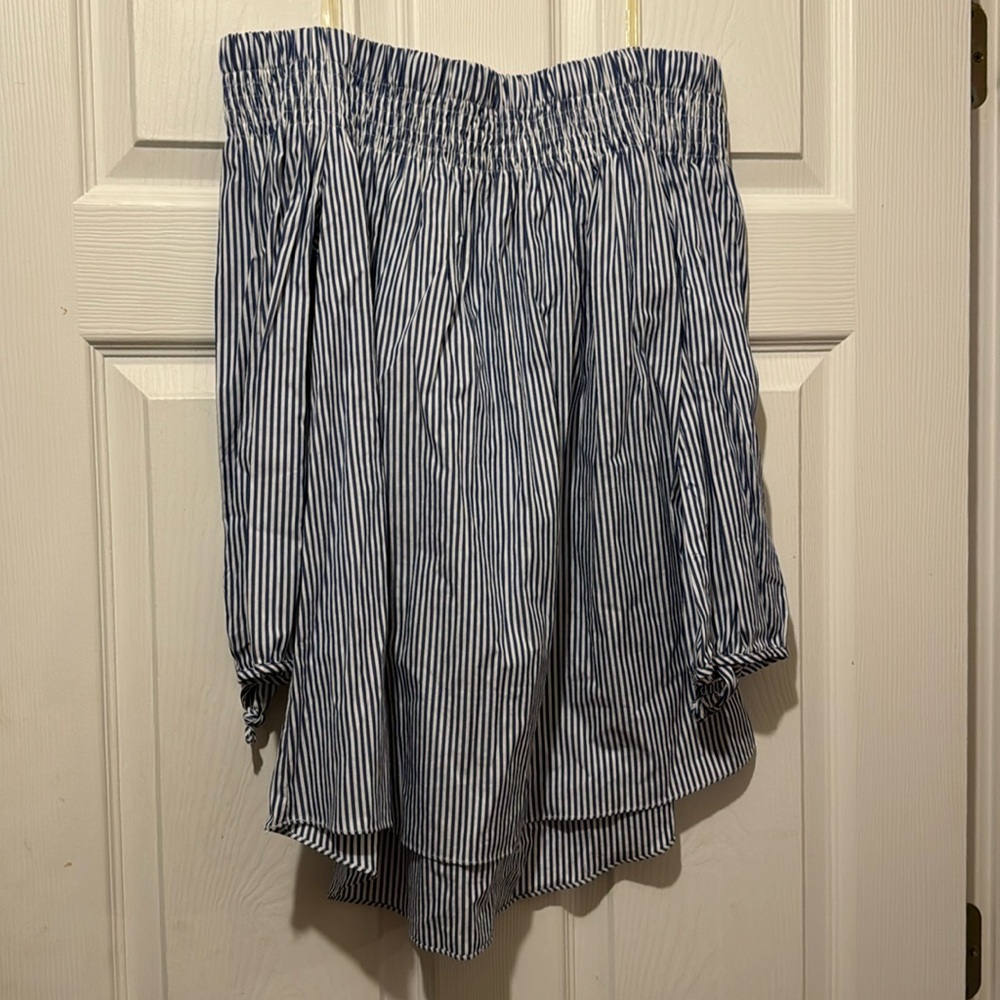 Do+be Tuckernuck blue white striped off shoulder tunic top S small